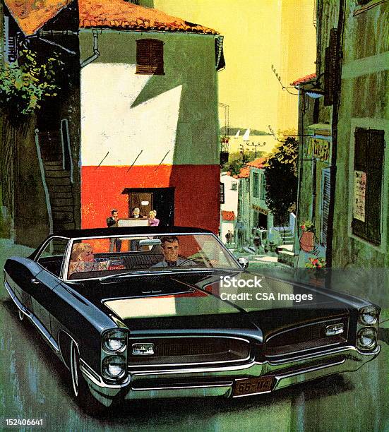 Couple Driving In Black Vintage Car — стоковая векторная графика и другие изображения на тему Солнечный свет - Солнечный свет, Автомобиль, Близость