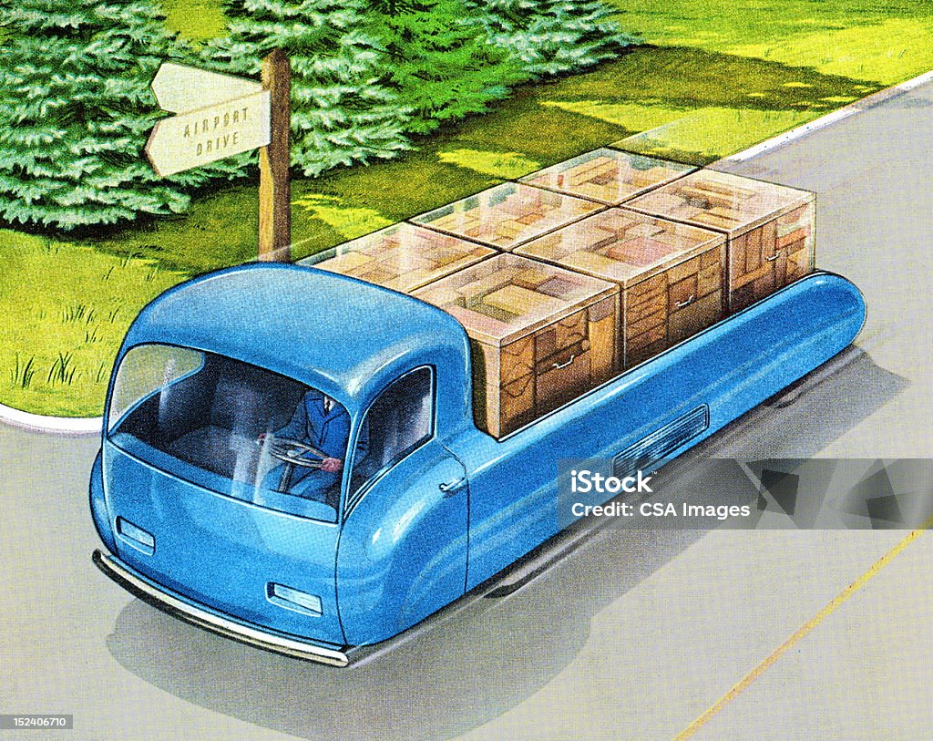 Caminhão em movimento futuristas caixas - Ilustração de Carregamento - Frete royalty-free