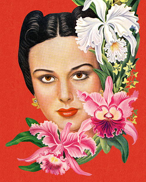 ilustrações de stock, clip art, desenhos animados e ícones de mulher com flores tropicais - color image colored background close up human face