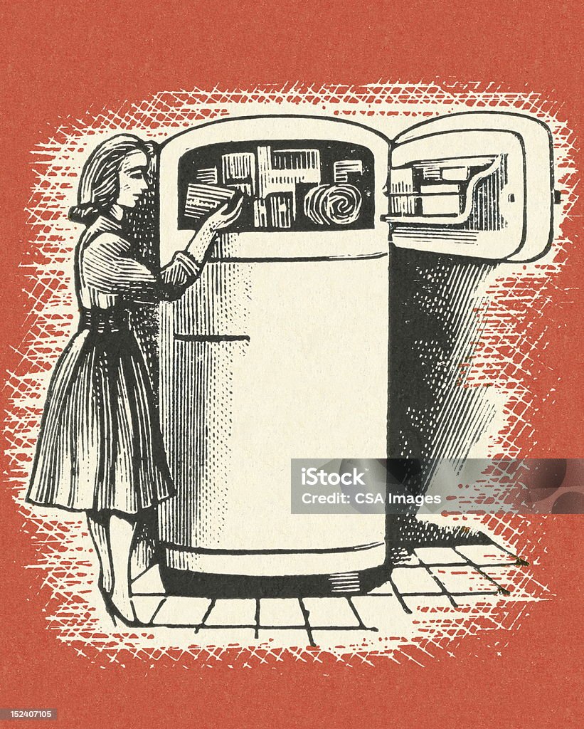 여자 루킹 냉동고에 - 로열티 프리 냉동식품 스톡 일러스트