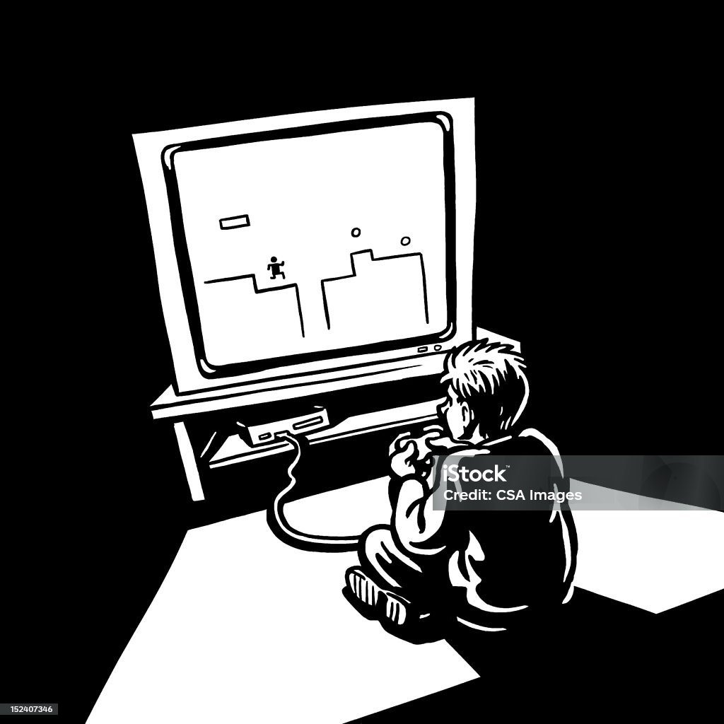Garçon jouant le jeu vidéo - Illustration de Image en noir et blanc libre de droits