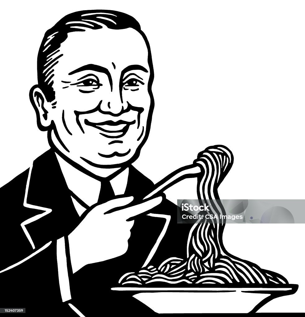 Człowiek jedzenie Spaghetti - Zbiór ilustracji royalty-free (Makaron)