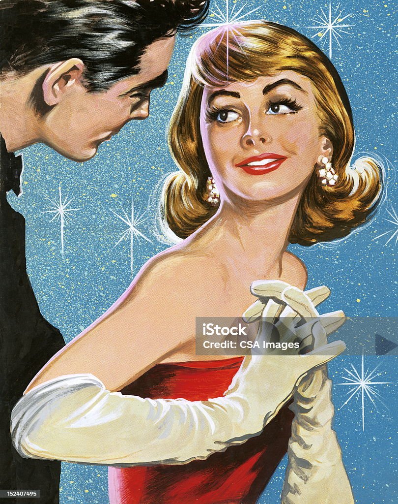 Man Speaking To Woman in Evening Gown Prom stock illustration