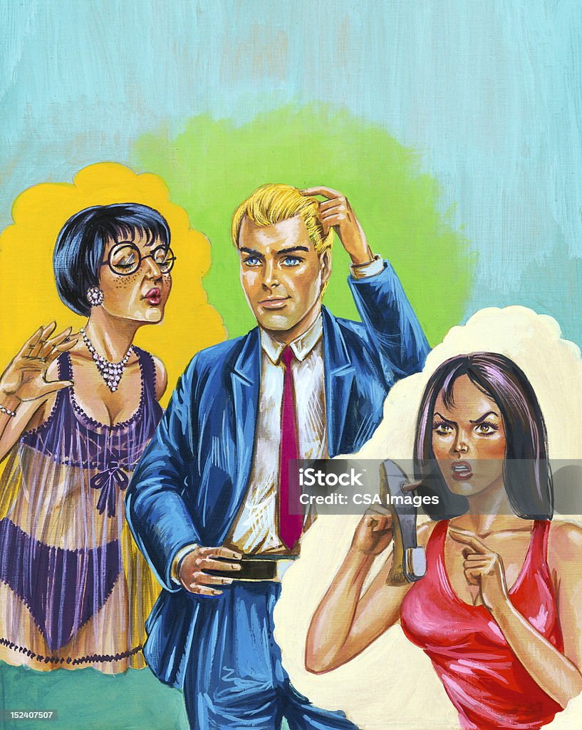 Hombre pensando en dos diferentes mujeres - Ilustración de stock de Adulto libre de derechos