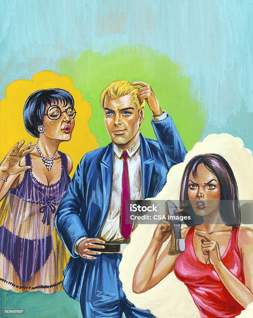 Man Thinking About Two Different Women Adult stock illustration