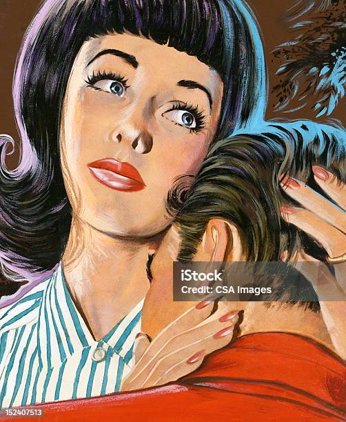 Kobieta Cradling Człowieks Head - Stockowe grafiki wektorowe i więcej obrazów Brązowe włosy - Brązowe włosy, Błękitne oczy, Codzienne ubranie