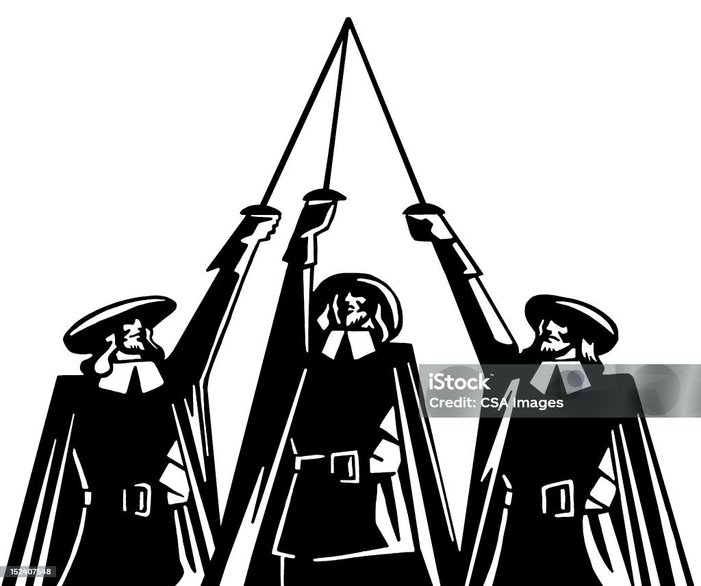 Three Musketeers Raising Swords Stock Illustration - Download Image Now -  Musketeer, Three People, Line Art - iStock