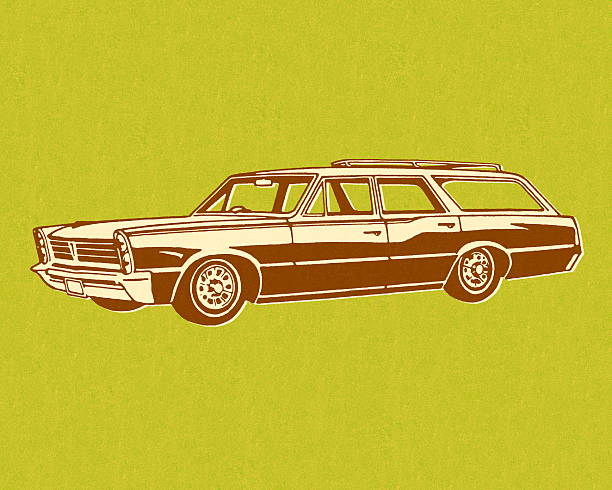 illustrazioni stock, clip art, cartoni animati e icone di tendenza di vintage station wagon su sfondo verde - station wagon