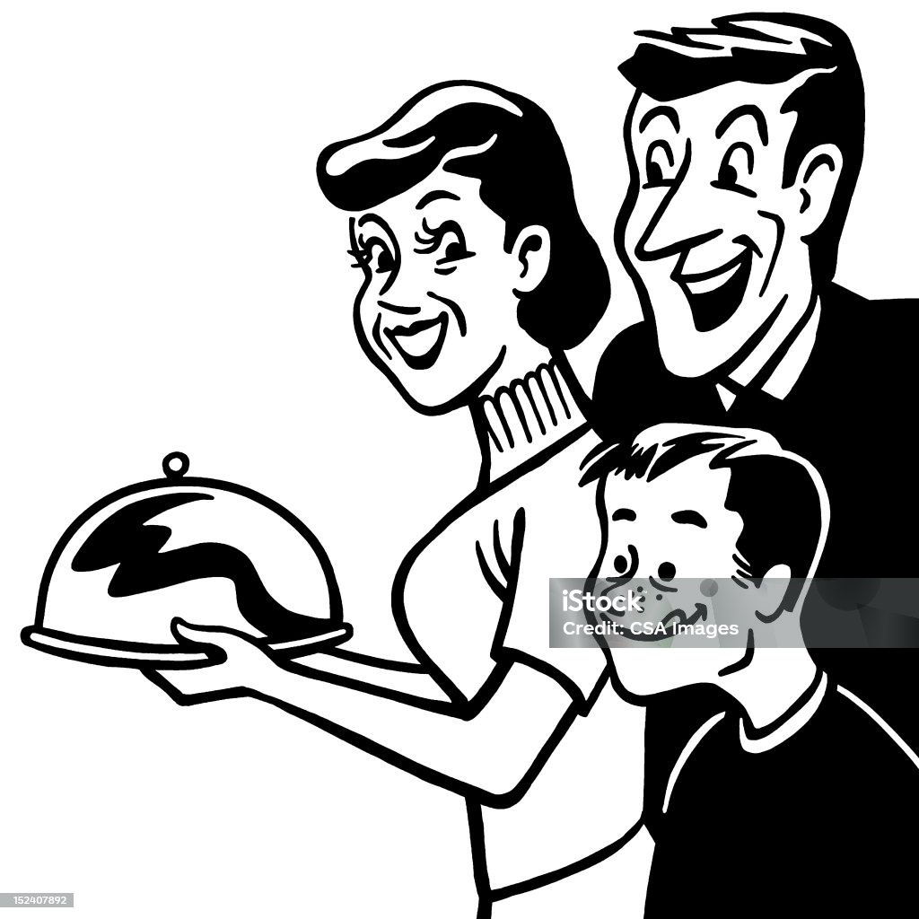 Familia deseosa de bandeja y la cena - Ilustración de stock de Alimento libre de derechos