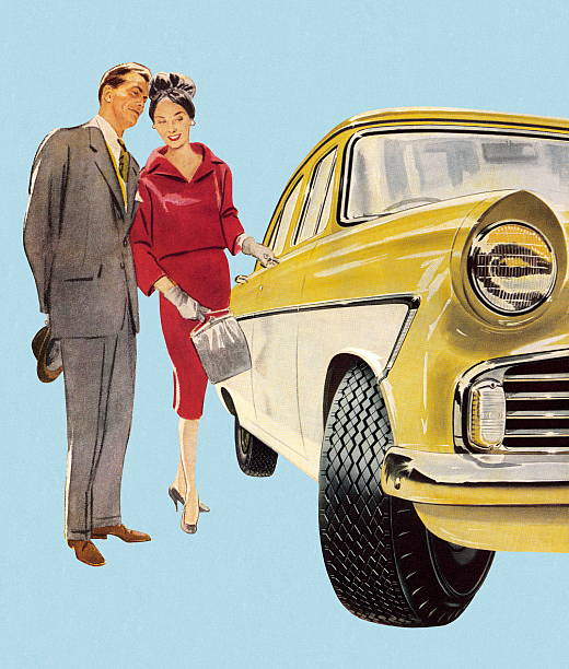 ilustrações, clipart, desenhos animados e ícones de homem e mulher admirando car - retro revival couple men elegance