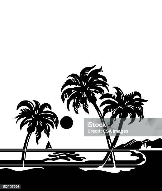 Paisagem Tropical Com Palmeiras Oliveiras - Arte vetorial de stock e mais imagens de Palmeira - Palmeira, Praia, Preto e Branco