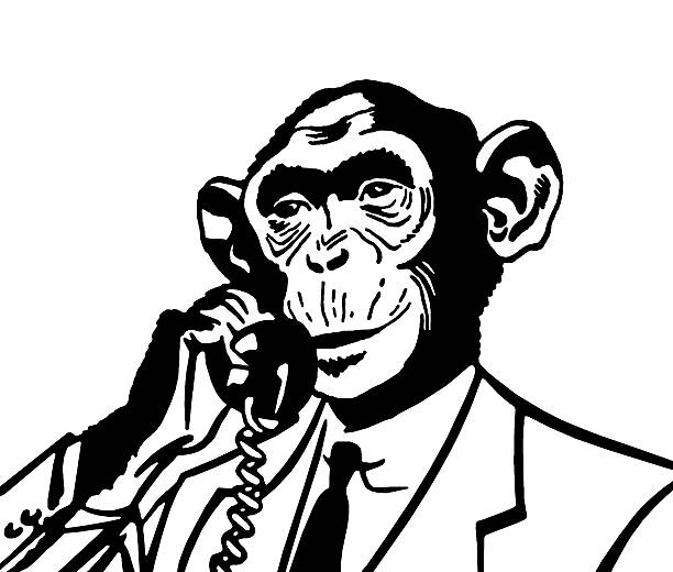 ilustraciones, imágenes clip art, dibujos animados e iconos de stock de mono en el teléfono - telephone chimpanzee monkey on the phone