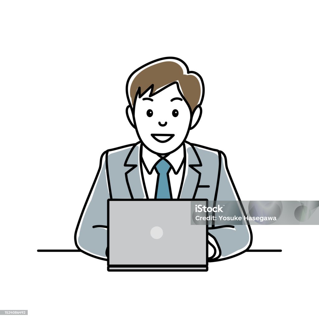 Computer Person Auto Vector A Suit Man Who Operates A Personal Computer With A Smile vector ...