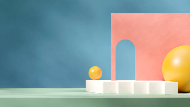 istock in landscape yellow sphere, blue wall, green floor, rendering 3d template mockup white shape podium 1524092289