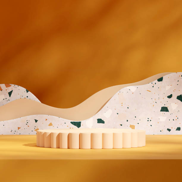 istock mockup template yellow cylinder podium in square wavy wall terrazzo textured, 3d rendering 1524094367