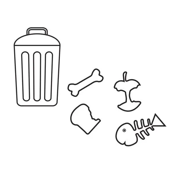 Vector illustration of Trash bin full of garbage heap on white background. Waste can with organic refuses, rubbish, food scraps. basket filled with mixed junk, leftovers pile. Vector illustration EPS 10. Editable stroke.