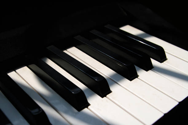그림자 오버레이 효과가 있는 창 근처의 피아노 건반을 닫습니다. 피아노 건반 맑은 효과. 4줄 옥타브의 일렉트릭 피아노 키보드. 흰색 키와 검은색 키. 피아노 햇빛 벽지 아트 - piano piano key orchestra close up 뉴스 사진 이미지