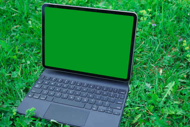 istock Digital tablet with green screen lying on the green grasses 1524171460