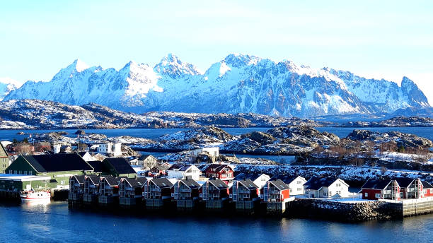 Svolvaer Fishing Port in the Lofoten Islands, Norway. Svolvaer is the gateway to Lofoten Islands, one of the most beautiful places in the north of Norway. harbor of svolvaer in winter lofoten islands norway stock pictures, royalty-free photos & images