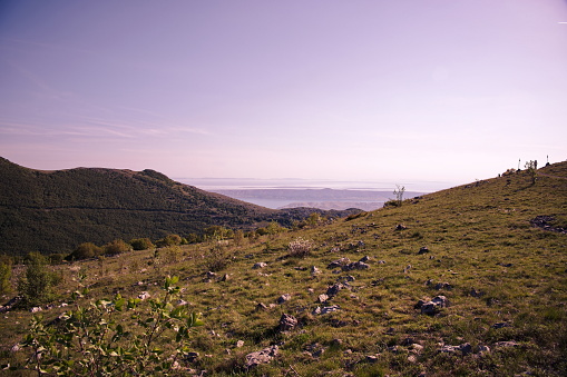 Scenic view of Adriatic islands from the Velebit mountain during sunset