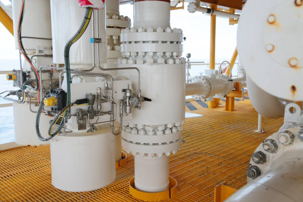 istock Valves manual in the production process. Production process used manual valve to control the system, Operator open and close or function the valve for controlled pressure or gas and oil flow rate. 1524255522
