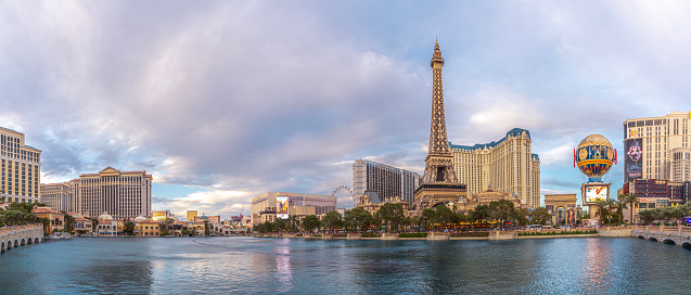 October 18, 2018 - Las Vegas, United States:  Panoramic aerial view of Luxury Hotels in Las Vegas strip at dusk: Paris, Venitian, Palazzo, Bellagio and many other luxury casino resorts in the heart of Las Vegas and the fountains of Bellagio Hotel