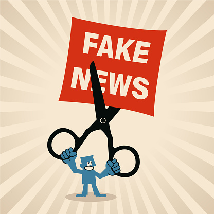 Blue Cartoon Characters Design Vector Art Illustration.
A man cutting Fake News with scissors.