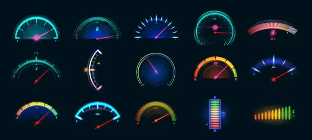 Vector illustration of Car dashboard meter designs. Colorful speedometer, fuel gauge and battery level indicators vector illustration set