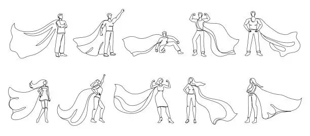 Vector illustration of Continuous one line superheroes. Super woman and man with hero cloth cape, strong leader in superhero pose vector illustration set