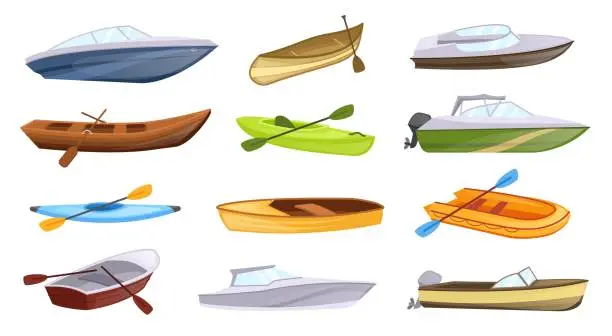 Vector illustration of Cartoon boat types. Marine boats with paddles, color canoes and powerboat for fishing vector illustration set