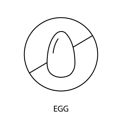 This concise line vector icon warns of egg allergens with a crossed-out egg symbol. Ideal for food packaging, it alerts individuals with egg allergies to avoid this products