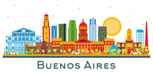 ilustraciones, imágenes clip art, dibujos animados e iconos de stock de horizonte de la ciudad de buenos aires argentina con puntos de referencia de color aislados en blanco. - taxi buenos aires people city