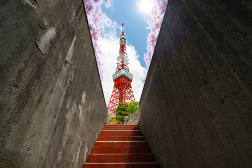 landmark of Tokyo tower view point from step near walkway in Tokyo city, Japan