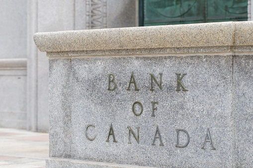 Ottawa, Canada - May 19, 2023: Bank of Canada building sign in downtown