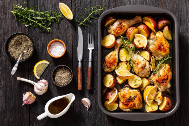 istock Lemon Garlic Chicken with roast potatoes, top view 1524320263