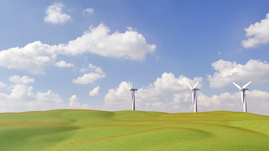 3D illustrator, Wind turbine  on green grass hill with blue sky