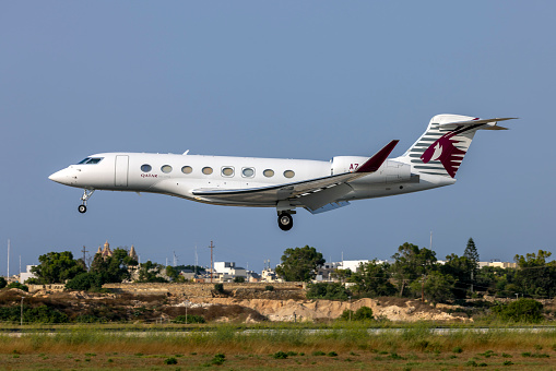 Luqa, Malta - July 1, 2023: Qatar Executive Gulfstream G650ER (Reg: A7-CGB) on finals runway 31.