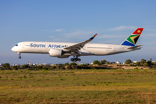 Luqa, Malta - July 4, 2023: South African Airways Airbus A350-941 (Reg: OE-IPK, Ex ZS-SDC) taken out of storage, to join Lufthansa soon.