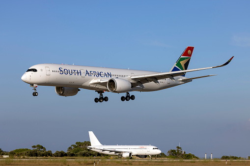 Luqa, Malta - July 4, 2023: South African Airways Airbus A350-941 (Reg: OE-IPK, Ex ZS-SDC) taken out of storage, to join Lufthansa soon.