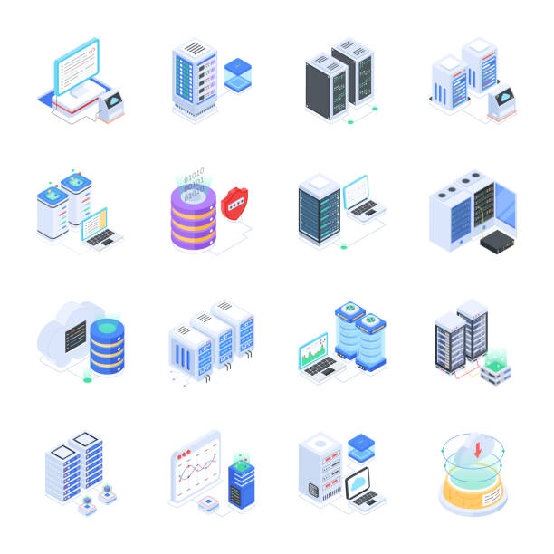 Pack of Database Isometric Icons Get our premium quality animated database icon set to enhance your websites, apps, and presentations! isometric cloud server stock illustrations