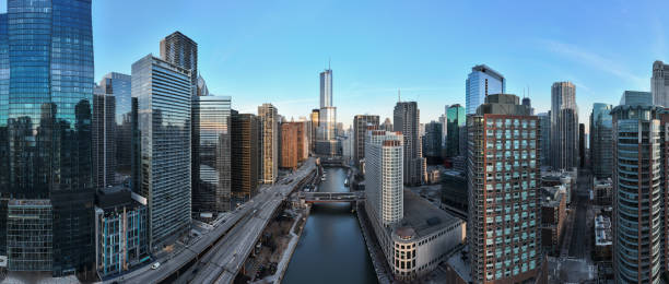 Cityscape of Chicago Riverwalk at Dusable bridge over Michigan river , Chicago city, USA stock photo