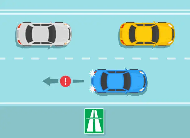 Vector illustration of No reverse on an expressway. Driving a car in reverse gear is not allowed. Traffic rules on highway, speedway, motorway.