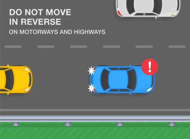 Vector illustration of Traffic rules on highway, speedway, motorway. Do not move in reverse on motorway and highways. Blue sedan car backing up on highway. Top view.