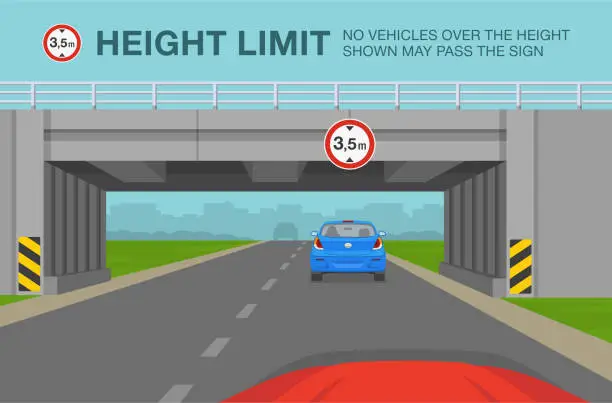 Vector illustration of Safe driving tips and traffic regulation rules. Car going through the tunnel under the bridge. Low bridge or height limit road sign.