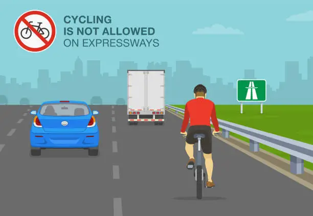 Vector illustration of Traffic rules on highway, speedway, motorway. Cyclist ignoring road or traffic rule and riding his bike on expressway. Cycling is not allowed on motorway.