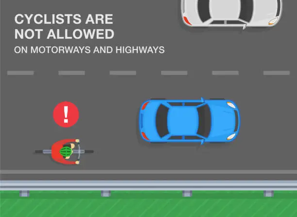 Vector illustration of Traffic rules on highway, speedway, motorway. Cyclists are not allowed on motorway and highways. Cyclist riding his bike on expressway. Top view.