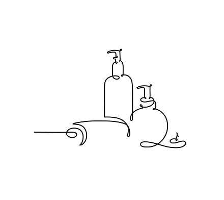 Continuous line drawing of spa bottles. Beautiful still life with candles, towel, bottle. Illustration for wall art, packaging or banner. Vector illustration isolated on white background.