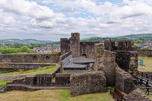 Caerphilly Castle, a partially ruined fortification, dating from the 13th Century. Caerphilly Mid-Glamorgan South Wales, United Kingdom - 25th of June 2023