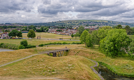 Looking across Caerphilly from Castle towards the Rhymney Valley. Caerphilly Mid-Glamorgan South Wales, United Kingdom - 25th of June 2023