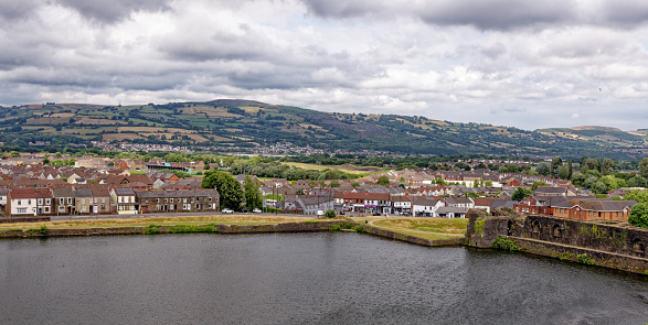 Looking across Caerphilly from Castle towards the Rhymney Valley. Caerphilly Mid-Glamorgan South Wales, United Kingdom - 25th of June 2023